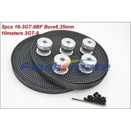 5pcs 16 Teeth 3GT Pulley Bore 6.35mm + 10meters 3GT Rubber Timing Belt Width 9mm GT3 timing belt pulley 3D Printer Parts