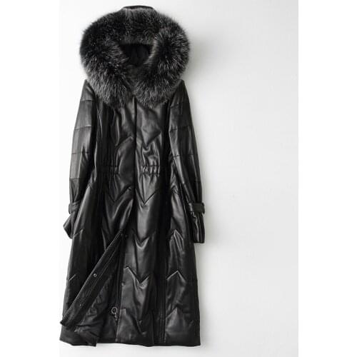 Free Shipping New Genuine Lamb Leather Jacket X-long Womens Down Coat with Fox Fur hood edge Sheepskin Wholesale Retail OEM