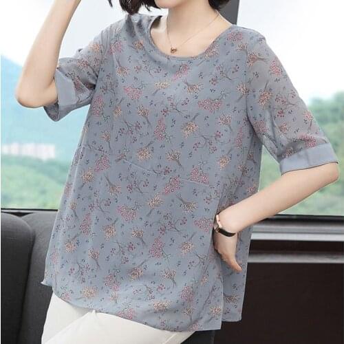 Flower Printed Women Short O-Neck Chiffon Blosues Shirts Lady Spring Summer Style Casual Blusas Tops