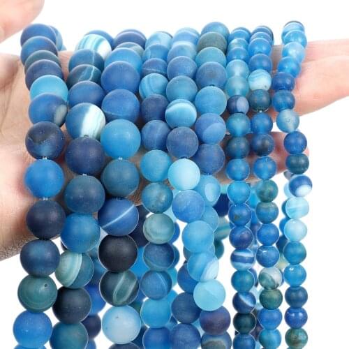 15"Strand Natural Stone Beads Matte Blue Striped Agates Round Loose Beads For Jewelry Making Necklace Bracelet 4-12mm