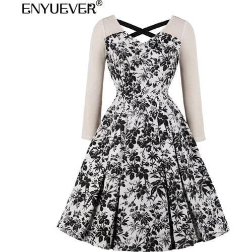 Enyuever Black Floral Print Vintage Dress Women Autumn Clothes Long Sleeve Mesh V Neck Backless Pin Up Swing Flare Casual Dress