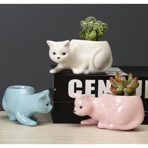 Succulent Plant Pot with Hole Cute Ceramic Animal Flowerpot Lovely Little Cat Planter Home Desktop Decor Bonsai Birthday Gift
