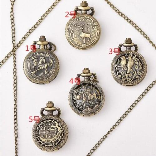 Hot Sell 100pcs/lot Vintage Bronze Horse Deer Bird Pocket Watch Small Size Sweater Chain Gift Watches Wholesale