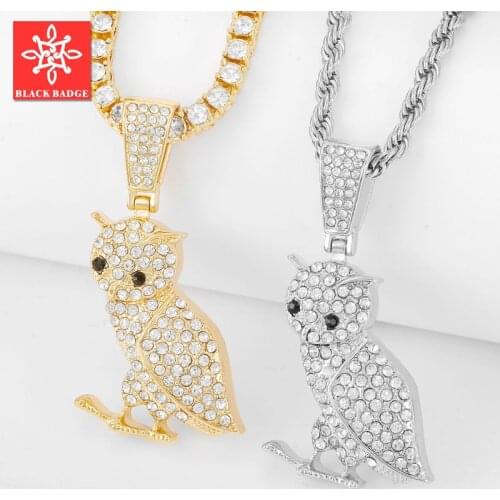 Classic Fashion Golden Rhinestone Owl Pendant with Tennis Chain Necklace Cuban Chain Gift Accessories Wholesale