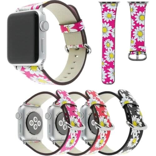 Daisy Flower Leather Band for Apple Watch Series 3 2 1 Strap Wristbands 38mm 42mm Floral Watch Strap Belt for iWatch Bracelet