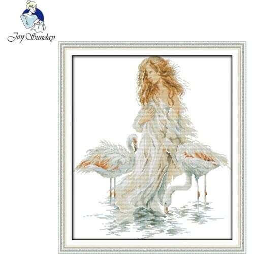 Joy Sunday The Girl With The Crane Pattern Printed Counted Cross Stitch 11CT 14CT DIY Cross Stitch Kit For Embroidery Needlework