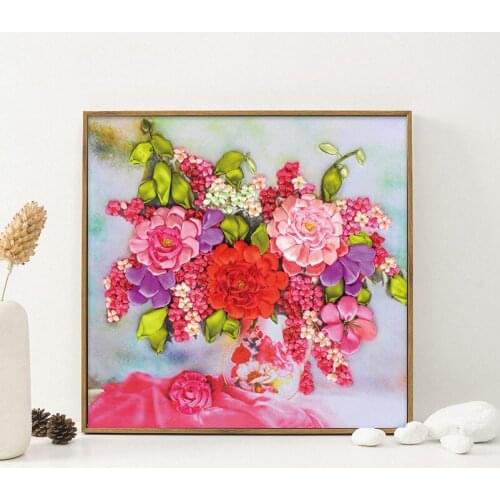 Ribbon Embroidery kit, DIY Painting Flowers,Color Printed Canvas,Handmade,Needlework,Cross Stitch Kit, Ribbon Craft, Friend Gift