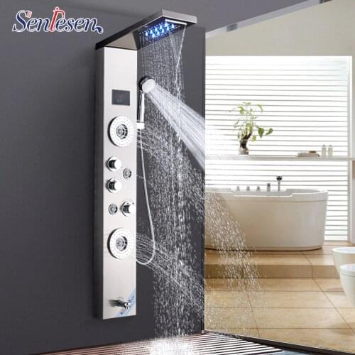 Senlesen Brushed Nickel /ORB Shower Column Panel Wall Mount W/ Massage Jets Para Bathroom Shower Douche LED Shower Head