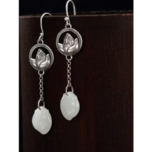 2018 Rushed New Brinco One Deer S925 Pure Antique Inlaid And Tian Yu Jade Lotus Lady High Grade Jaunt Earrings Wholesale