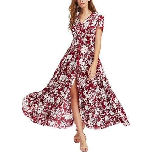 2021 New Style Amazon New Bohemian Retro Ethnic Pattern Holiday Style V-neck Loose Long Dress Long Skirt