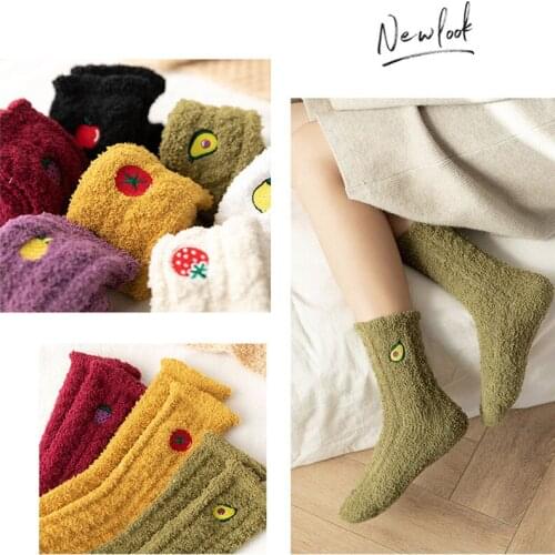New Autumn And Winter Coral fleece ladies embroidered tube socks thick warm home socks fruit socks floor socks confinement socks