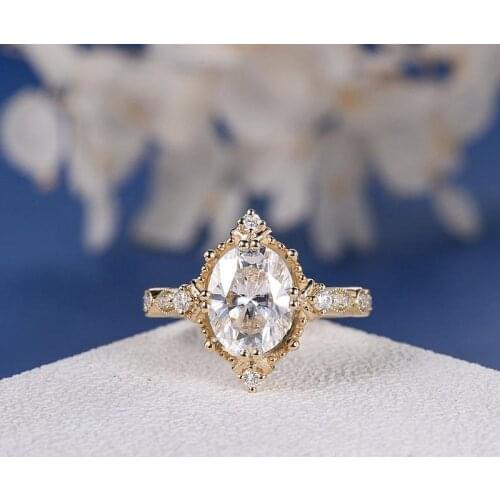 Antique 18K Yellow Gold 2ct Moissanite Engagement Ring Oval Cut Moissanite Beaded Milgrain Retro Unique Art Deco For Women