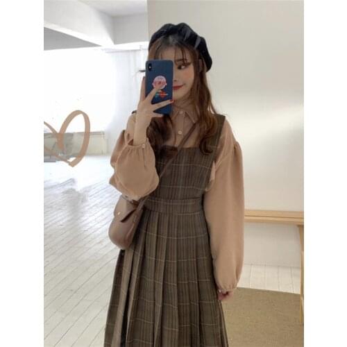 Very Nice Spring Plaid One Piece Dress Straps Sleeveless Pleated Dress Midi Kawaii Robe Femme Vestido Mujer Vestiti Donna