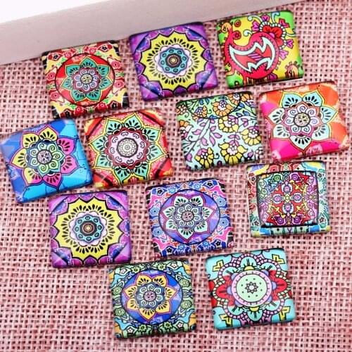 Onwear mixed mandala flower photo square glass cabochon 12mm 20mm 25mm diy handmade flatback jewelry making findings