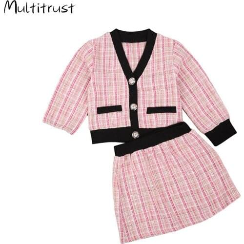 2020 Autumn Kids Girls Clothing 2Pcs Princess Clothes Long Sleeve Button Plaid Print Coat Tops + Mini Skirts Warm Outfits 1-5Y