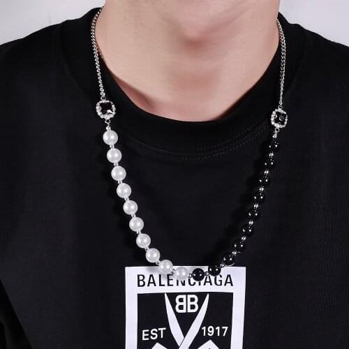 Luxury Titanium Steel Cuban Chain + Inlay Black Gems Stone Pearl Chain Necklace for Men Women Hip Hop Necklace Jewelry Gifts