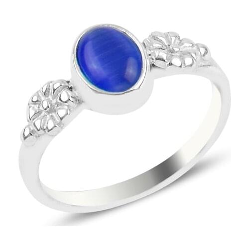 Silver 925 Set Navy Blue Cat 'S Eye Engagement Ring