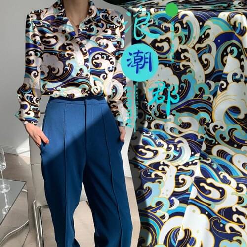 Printed silk stretch satin 19 momme width 120cm Waves Pattern Blue Color High Quality Digital Printing