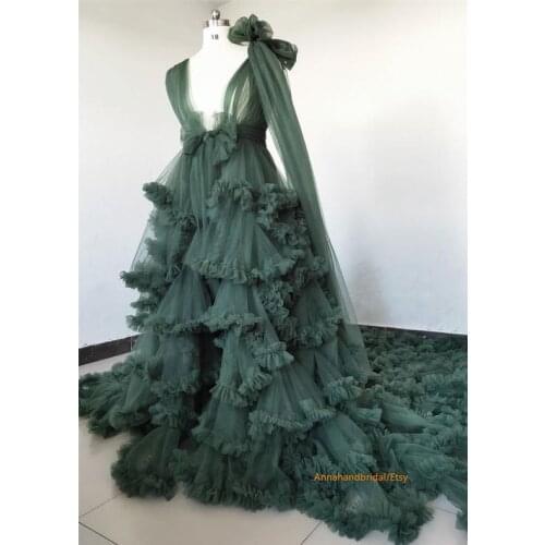 Dark Green Maternity Robe Open Front Ruffle Tulle Dress Photo Shoot Dress V-Neck Long Train Formal Dress Real Image