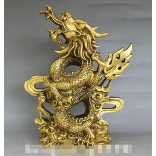 Unique China Pure Bronze Feng Shui Auspicious Dragon Dragons Loong Animal Statue