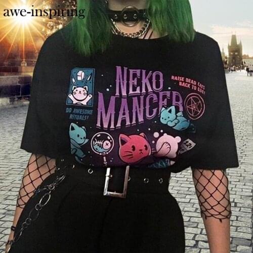 Awe-inspiring Harajuku YF Neko Mancer T-Shirt Unisex fashion Cute Aesthetic Grunge Black Tee Satantic Witch Shirt Gothic Cloth