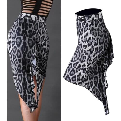 Latin Dance Skirt Women Practice Clothes Leopard Irregular Skirt Ruffled Slit Samba Tango Salsa Skirt Adult Dance Costume BL5280