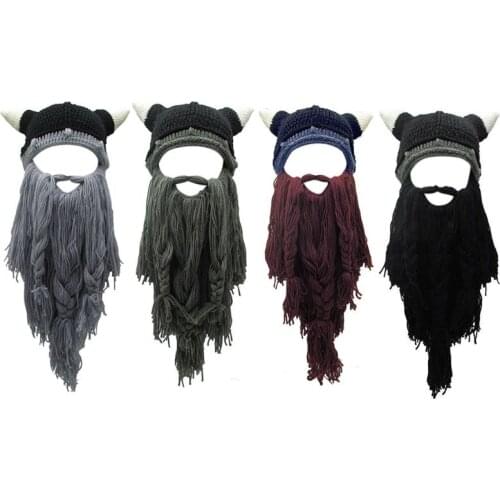 Adult Crazy Funny Halloween Cosplay Knitted Viking Beard Horn Hat Ski Mask Barbarian Vagabond Vintage Beanie Cap Winter Warmer