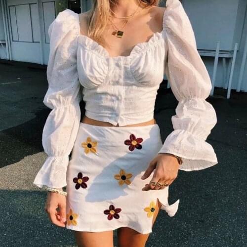 ShesModa Vintage Embroidery White Cotton Puff Sleeve Womens Blouse Top