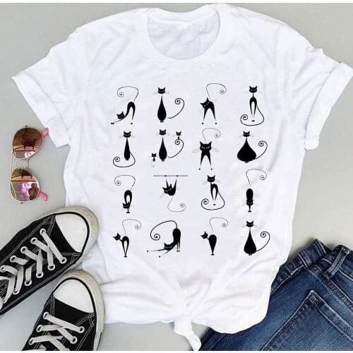 Women Clothing Cartoon Funny Cat Lovely Cute Fashion Print Graphic Summer Short Sleeve Female Clothes Tops Tees Tshirt T-Shirt