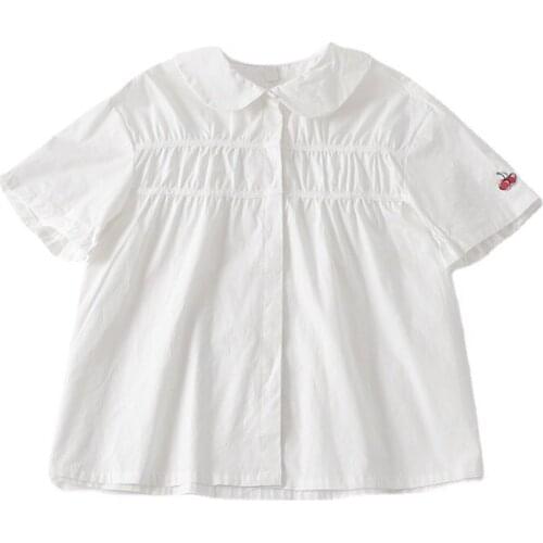 Harakuju Cherry Embroidery Single Breasted Women Shirts 2021 Summer Short Sleeve Peter Pan Collar Sweet Girl Kawaii Cute Top
