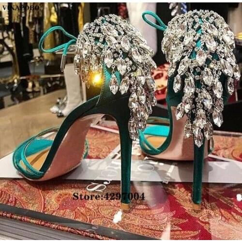 Vinapobo New Design Crystal Rhinestone Fringe Women Sandals Fashion green Pattern Leather Open Toe Stiletto Heels Ladies Shoes