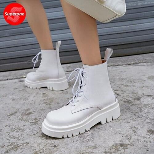 Superone Size 34-43 2021 INS Woman Real Leather Ankle Boots Fashion Shoes Woman Short Winter Warm Boots Platform Heel Footwear