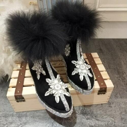 OLOMLB Womens Pointy Toe Velvet Rhinestones Ankle Boots Real Fox Fur Crystal Sequins Sliver Hidden Heel DIY Lolita Sweet Shoes
