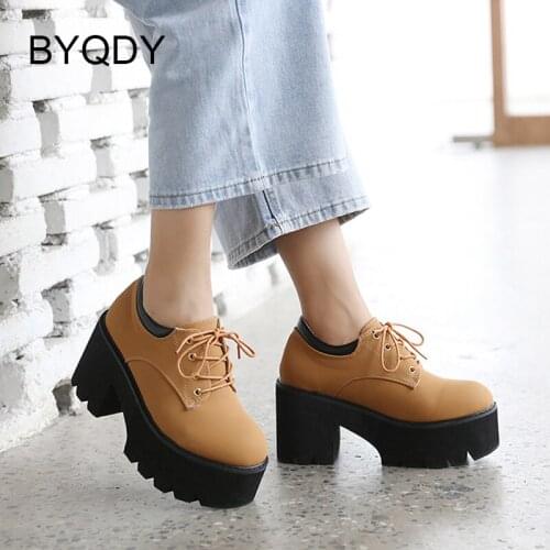 BYQDY Female Shoes Heels Lace Up High Heels Shallow With Mid Platform Ladies Casual Shoes Lolita Korean Style College Student