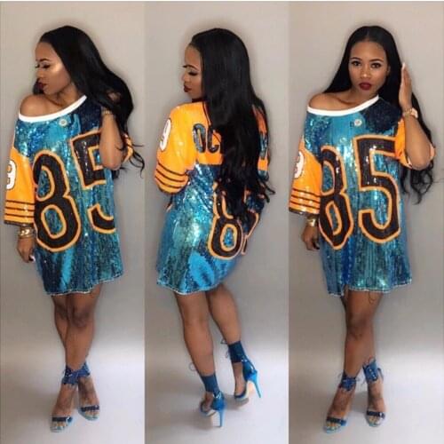 Women Performance Costumes Cheerleaders Loose Oversized Causal 85 Letter Shift Sequin T Shirt Mini Dress Hip-Hop Long Tee