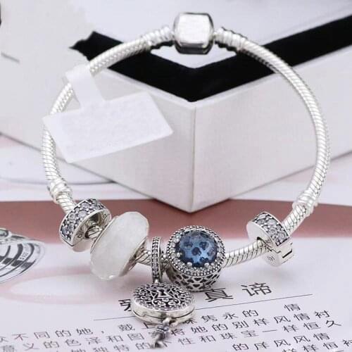 Original 925 Sterling Silver Blue Cat Eyes And Lock Pendant With Classic Button Bracelet For Womens Wedding Party Gift Jewelry