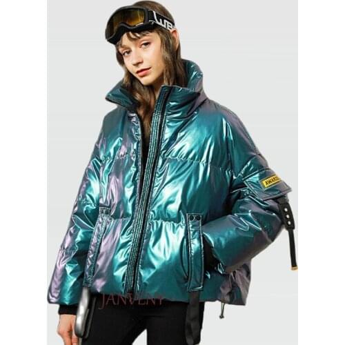 2021 New Winter Shinny Puffer Coat Women Loose Wild Personality Glossy Warm Stand Collar Short Duck Down Bubble Casual Jacket