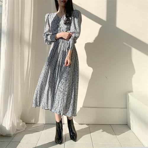 Alien Kitty Print Floral Pleated Slimming Women Dresses All-Match Nice Hot Stylish V-Neck Brief Casual Loose Long Dress 3 Colors