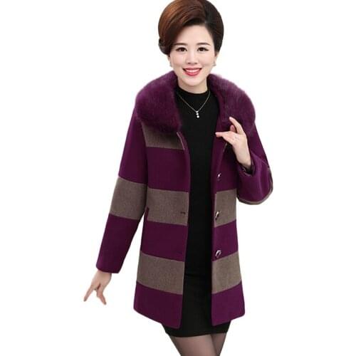 New Plus size Women Striped Woolen coat Autumn Winter Thick Warm Wool coats Middle-aged womens Fur collar Long Trench coats 5XL