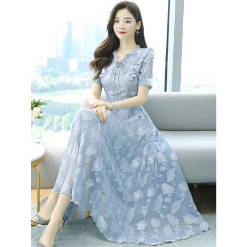 French Short Sleeve Printed Chiffon Dress Female Summer 2021 New Fashion Elegant Jacquard Long Dress Korean Slim Vestidos M05