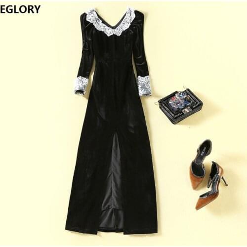 Black Velvet Long Dress 2020 Autumn Winter Evening Party Women V-Neck White Lace Patchwork Long Sleeve Sexy Bodycon Dress Events