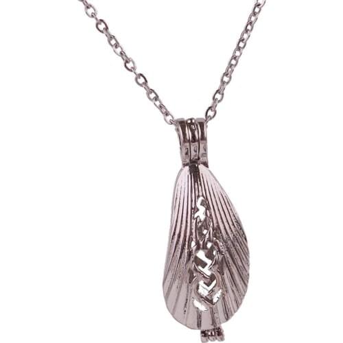10pcs Copper silver big shell Beads Cage Essential Oil Diffuser Perfume Pearl Cage Locket necklace 45cm stainless steel chains