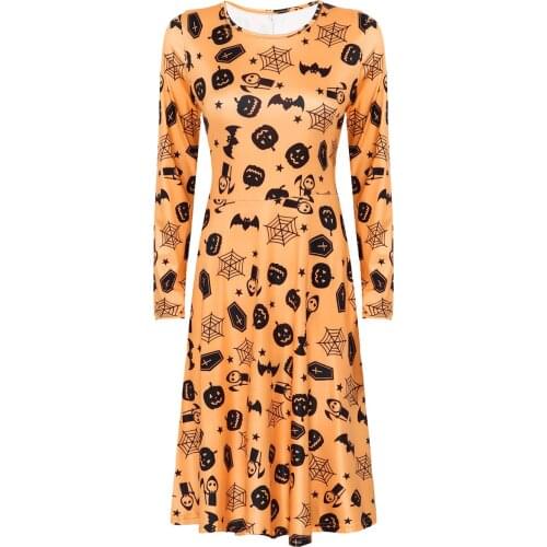 2020 New Halloween Costume Dress Womens Pumpkin Cobweb Print Party Dress Round Neck Long Sleeves Casual A-line Flared Midi Dress