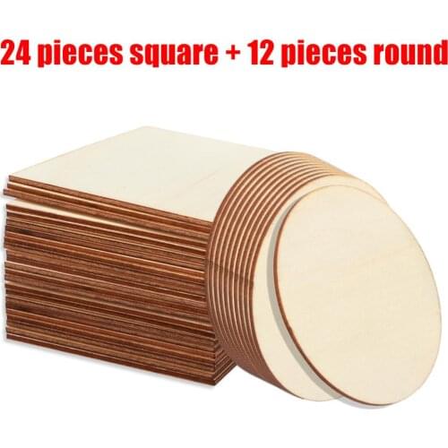 36 pcs 100mm Wooden Pieces Slices Wood Round Square Blank for Children DIY Painted Wood Chip Wedding Household Decoration Board