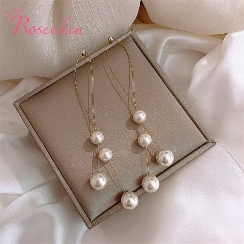 Drop Shipping Simulation Pearl Long Earrings Fashion Korean Jewelry Earrings Gold Female Wedding Earrings Party Gift RE4008