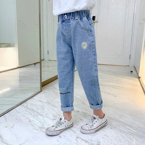 Girls Jeans Spring And Summer Children Daisy Embroidery Printed Blue Denim Trousers Kids Breathable Mid-waist Jeans Pants