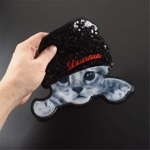 T shirt Women sweet patch sequins 27cm cat head deal with it biker patches for clothing stickers 3d t shirt mens free shipping