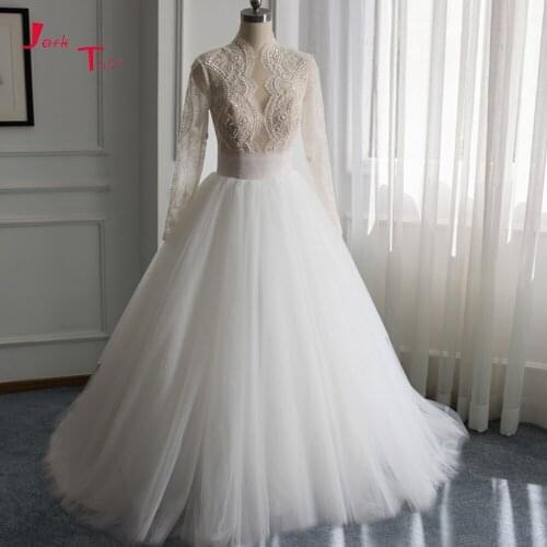 Jark Tozr Custom Made High Neck Full Sleeve Lace Beading Sequins A-line Bridal Wedding Dresses China Vestido De Casamento