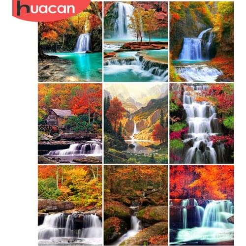 HUACAN DIY Frame Paint By Numbers Waterfall Acrylic On Canvas Wall Art Picture By Numbers Autumn Landscape For Living Room