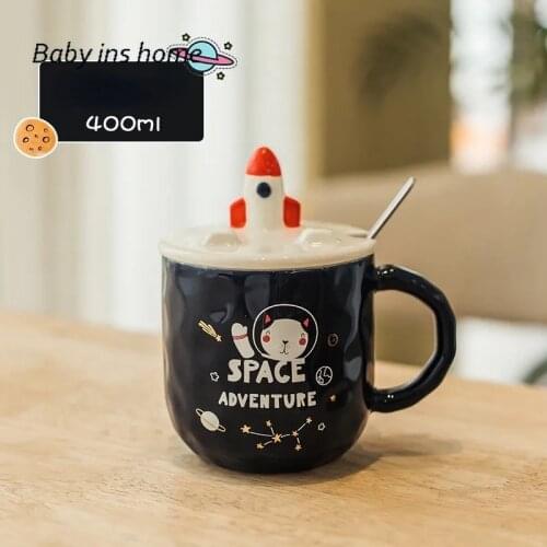 Rocket Starry Sky Large Capacity Creative Phone Holder Cup Cartoon Childrens Milk Coffee Cup Space Rokcet Moon Pattern 400ml